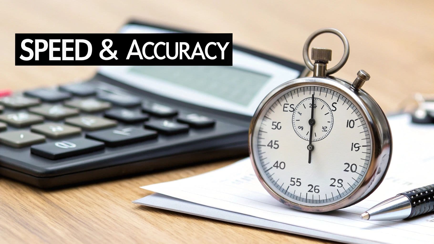 A stopwatch, calculator, pen, and paper on a wooden desk with "SPEED & ACCURACY" text.