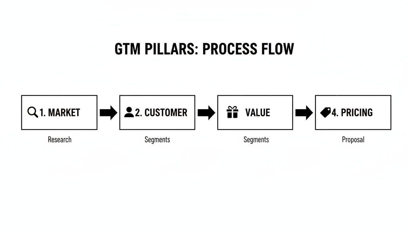 A process flow diagram illustrating GTM pillars: Market Research, Customer Segments, Value definition, and Pricing Proposal.