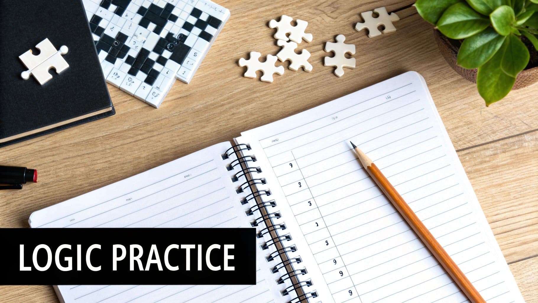 Overhead view of a desk with a crossword, jigsaw puzzles, notebook, and 'LOGIC PRACTICE' text.