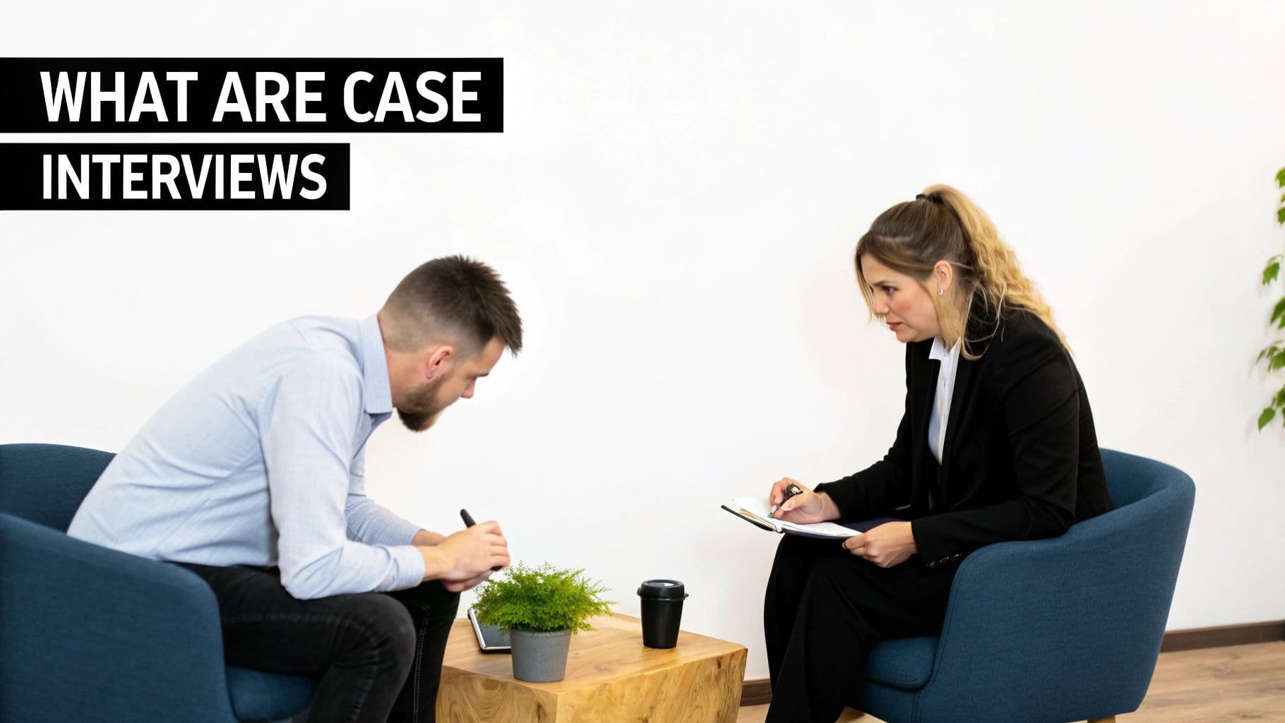 Two professionals in armchairs engaging in a case interview, one taking notes, the other listening intently.