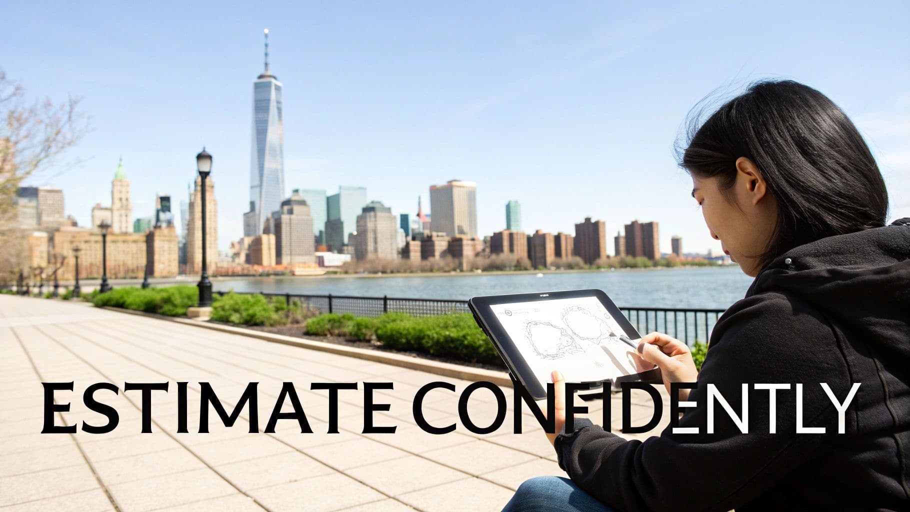 Person drawing on a tablet outdoors with a city skyline and river in the background, text 'ESTIMATE CONFIDENTLY' overlaid.