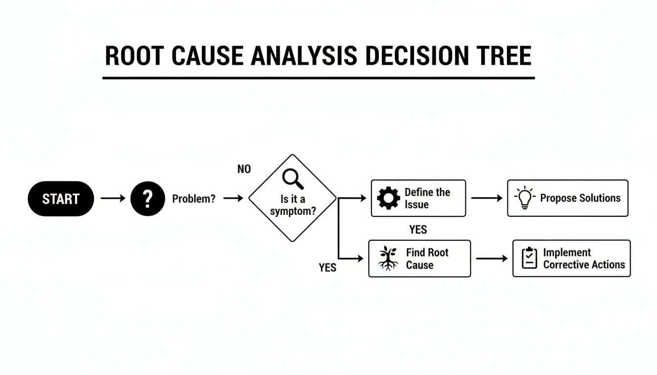 A flowchart illustrates a root cause analysis decision tree for problem-solving steps.