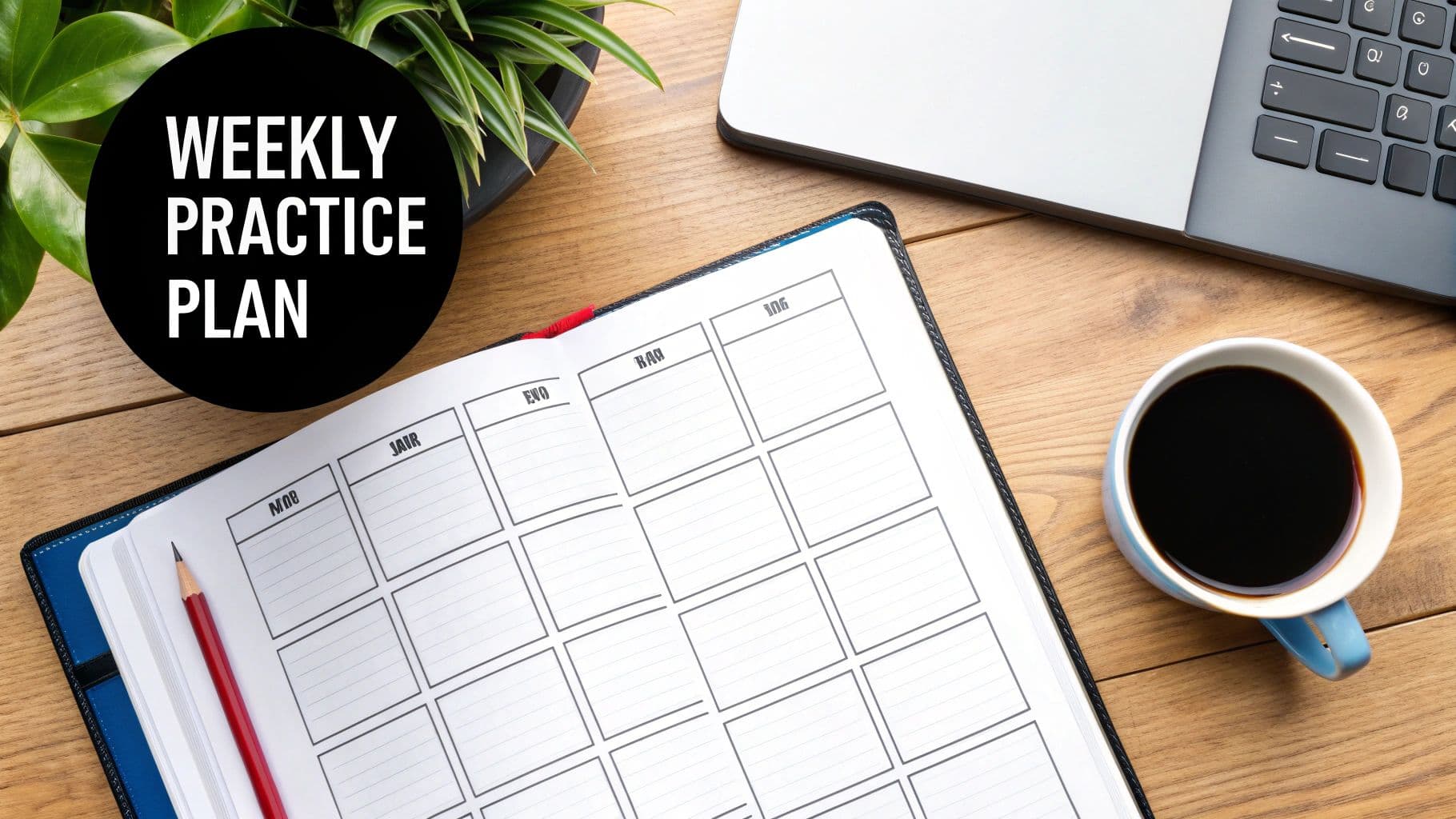 A flat lay of a wooden desk with a 'Weekly Practice Plan' notebook, laptop, coffee, and plant.