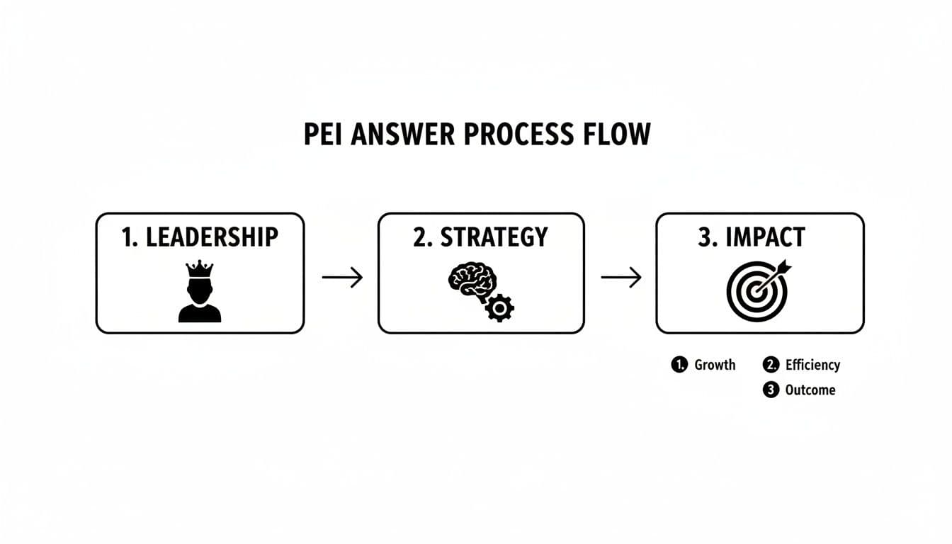 PEI answer process flow diagram detailing leadership, strategy, and impact with sub-points of growth, efficiency, and outcome.