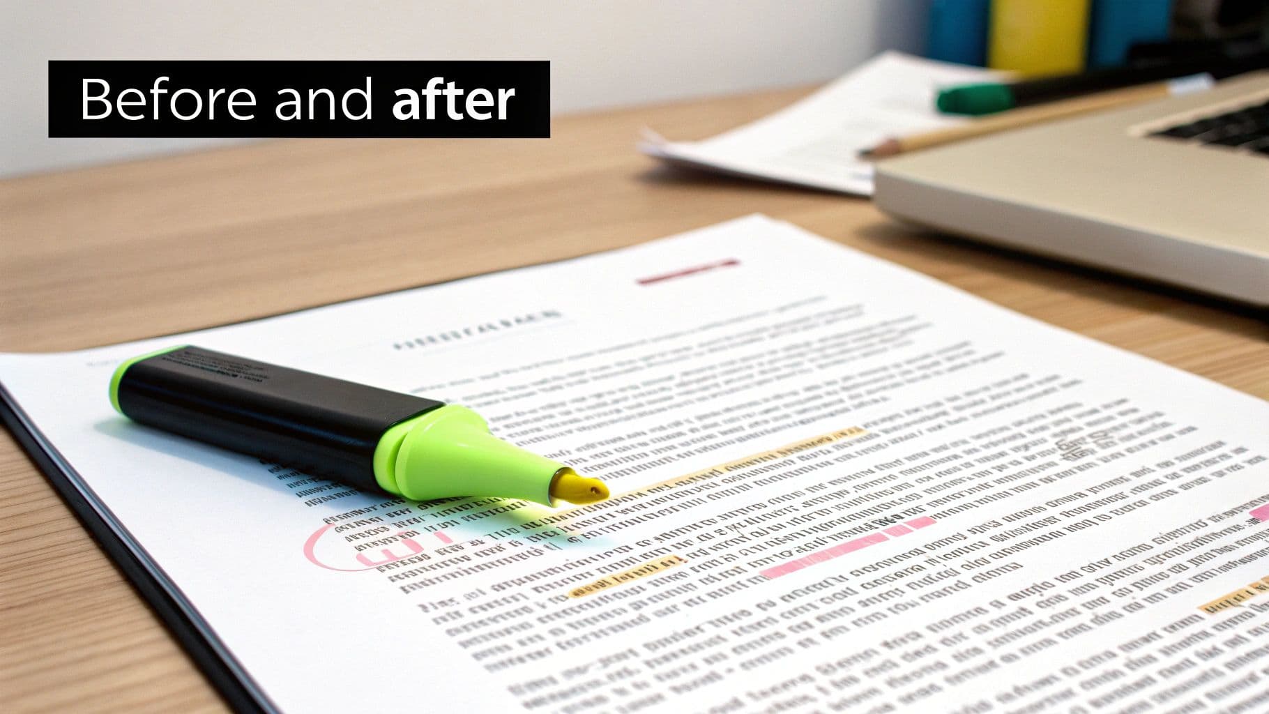 A document with highlighted text and a yellow highlighter pen on a wooden desk.