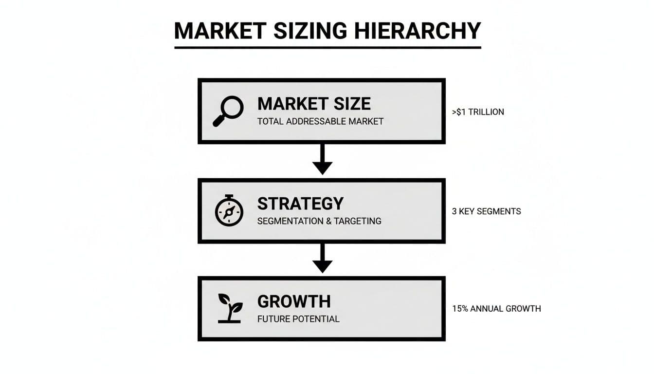 A market sizing hierarchy diagram illustrating market size, strategy, and growth, with key metrics.