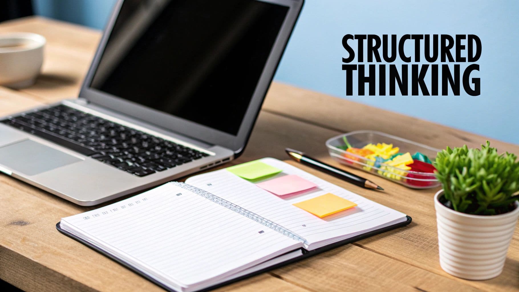 A desk with a laptop, open notebook, pen, small plant, and 'STRUCTURED THINKING' text on a blue wall.