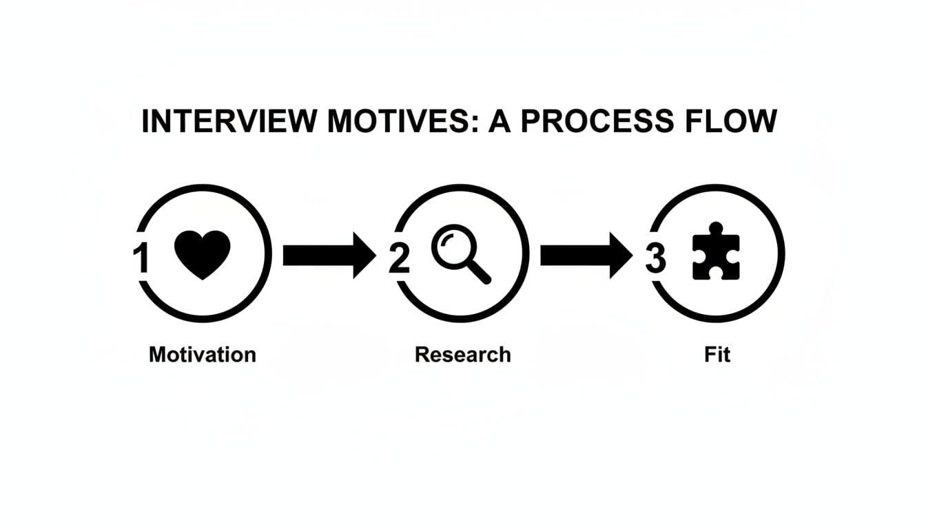 Process flow diagram showing interview motives: Motivation, Research, and Fit, in three steps.