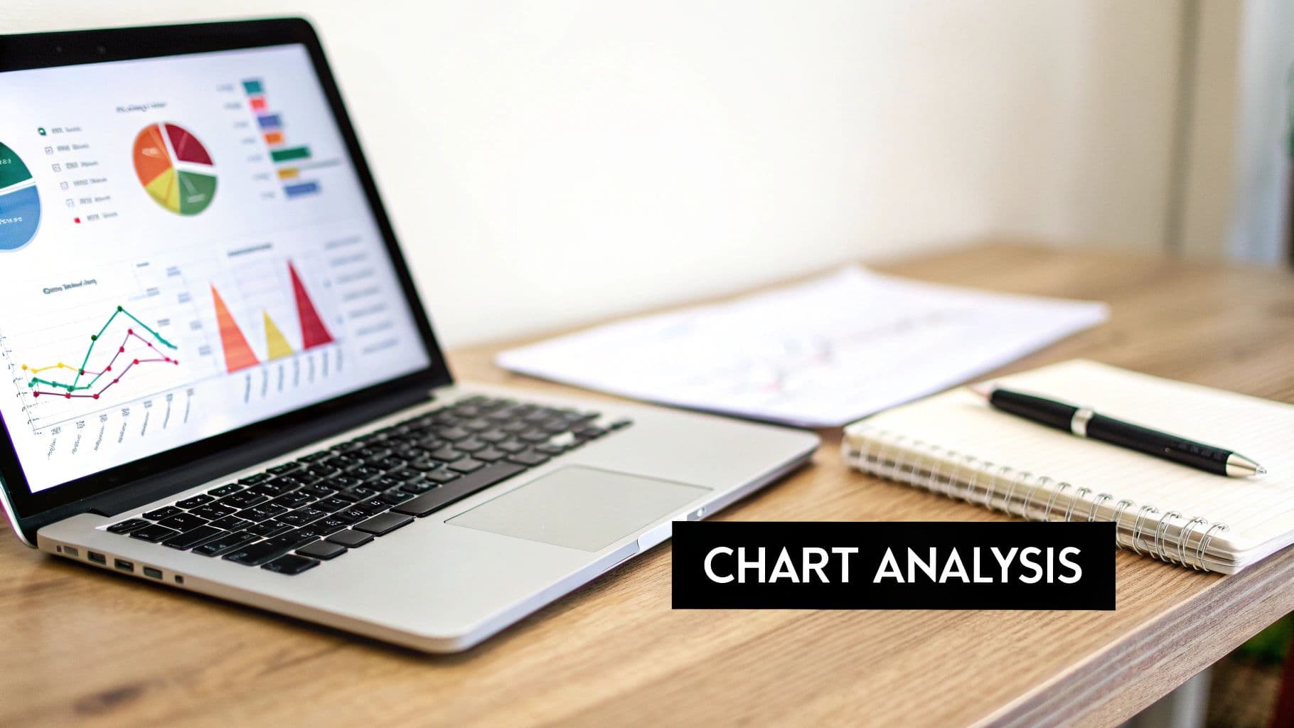 A laptop displaying various data charts, with a notebook and pen on a wooden desk, emphasizing chart analysis.