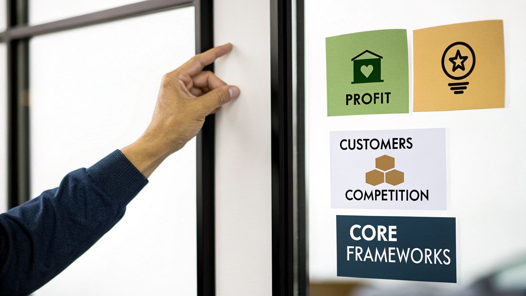 A hand points at a whiteboard displaying business strategy notes on profit, customers, and frameworks.