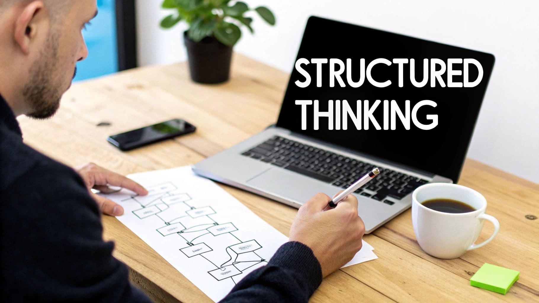 Person analyzing a flowchart diagram on a desk, with a laptop displaying 'STRUCTURED THINKING'.
