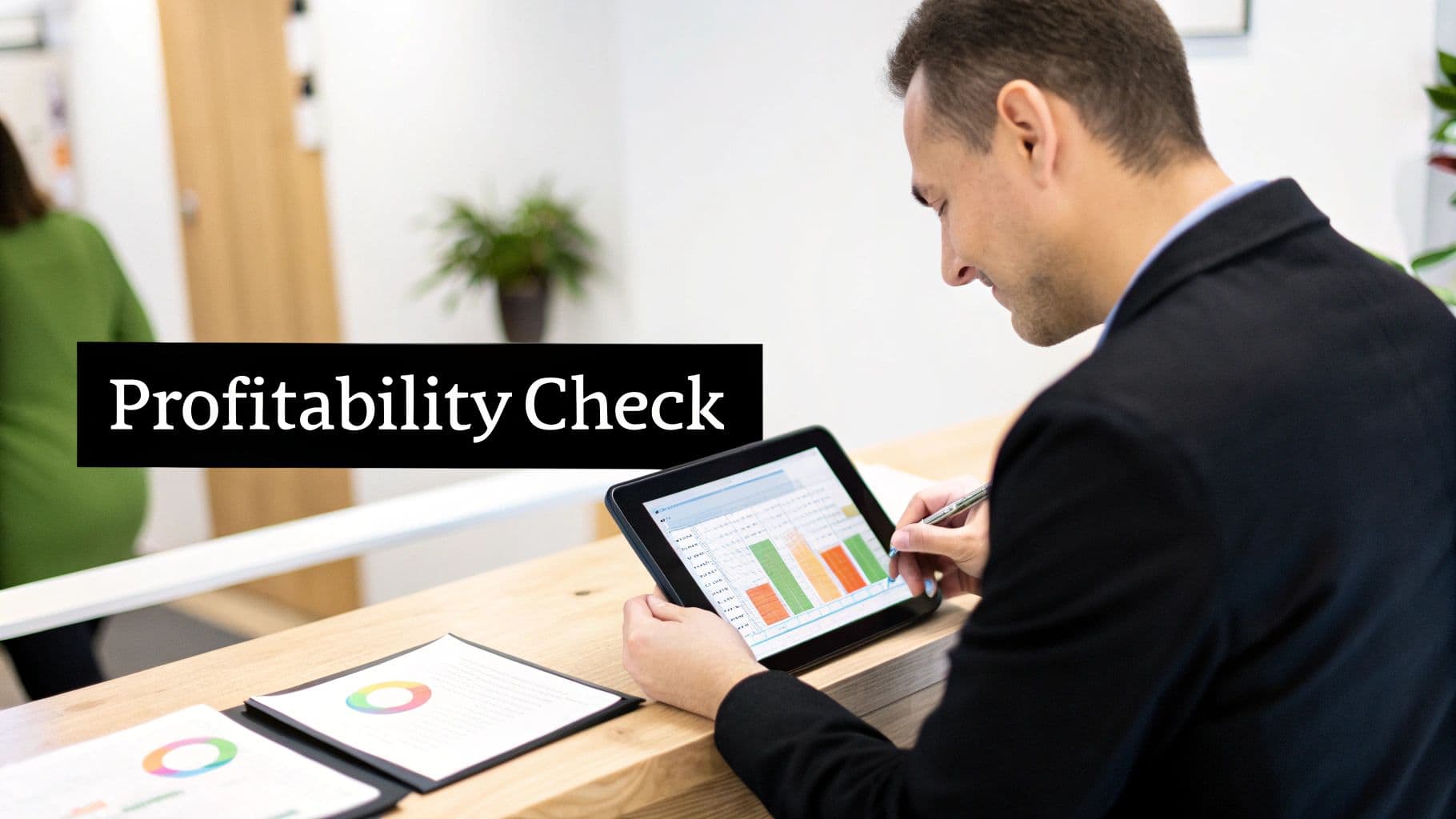 Businessman reviews profitability data on a tablet, with charts and documents on a desk.