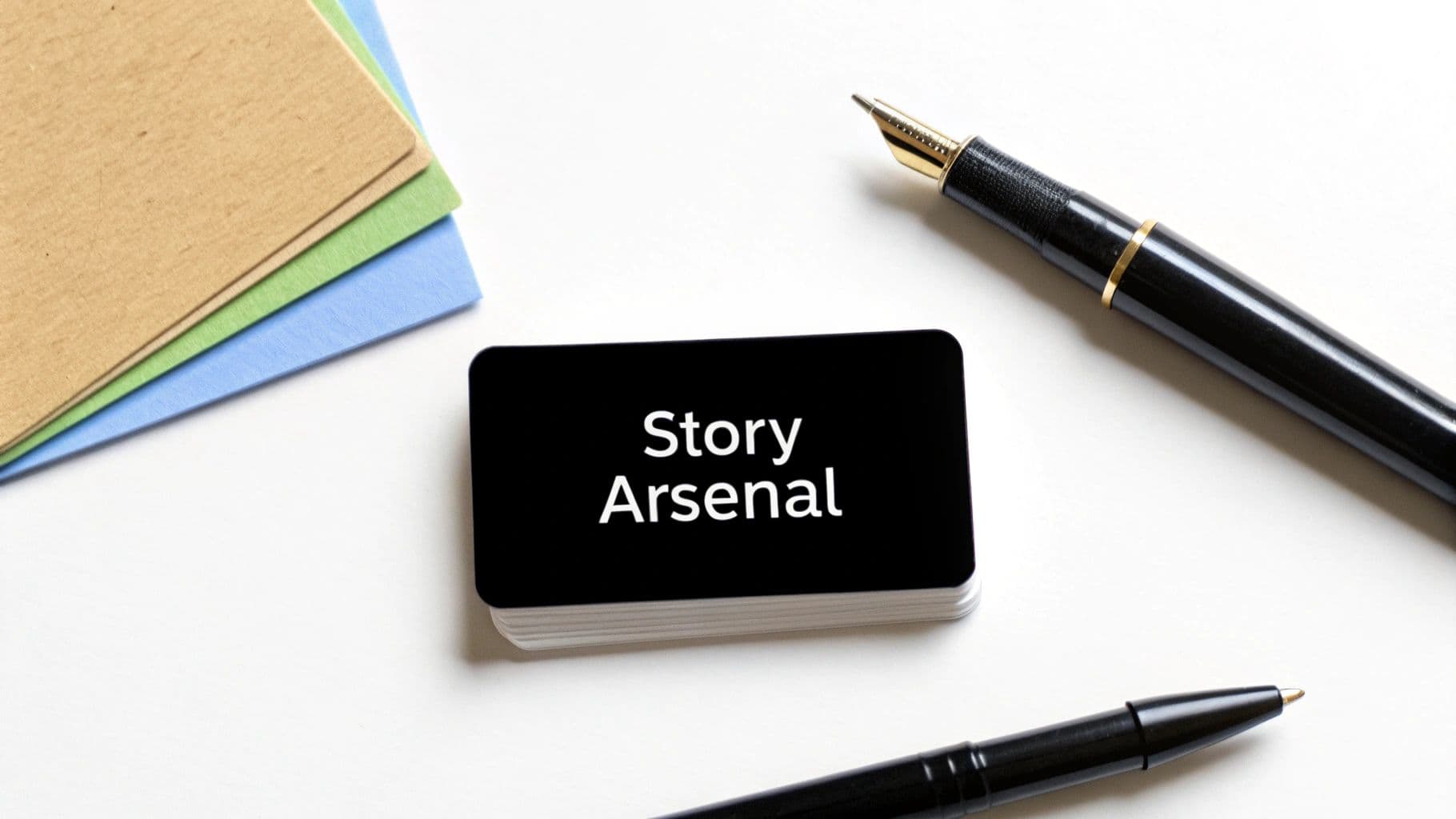 A top-down view of a stack of 'Story Arsenal' cards, pens, and colored paper on a white desk.
