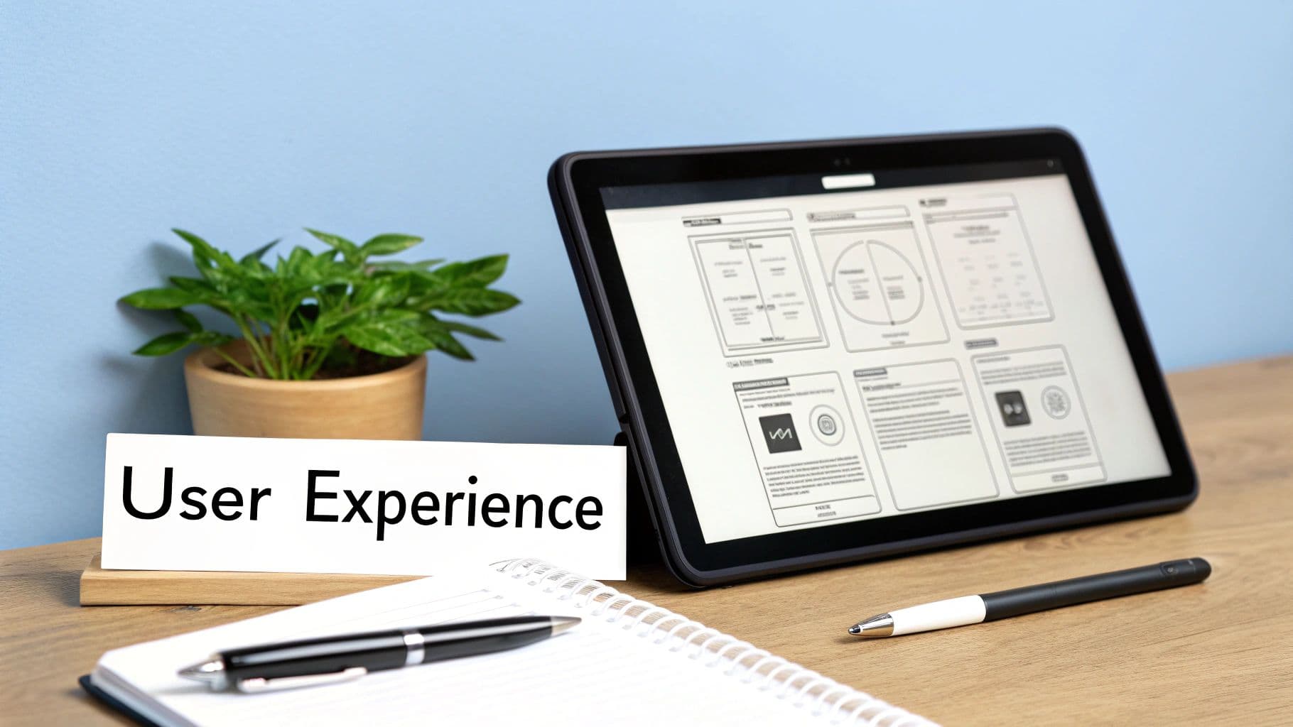 A desk setup featuring a 'User Experience' sign, a tablet displaying UI wireframes, and writing tools.