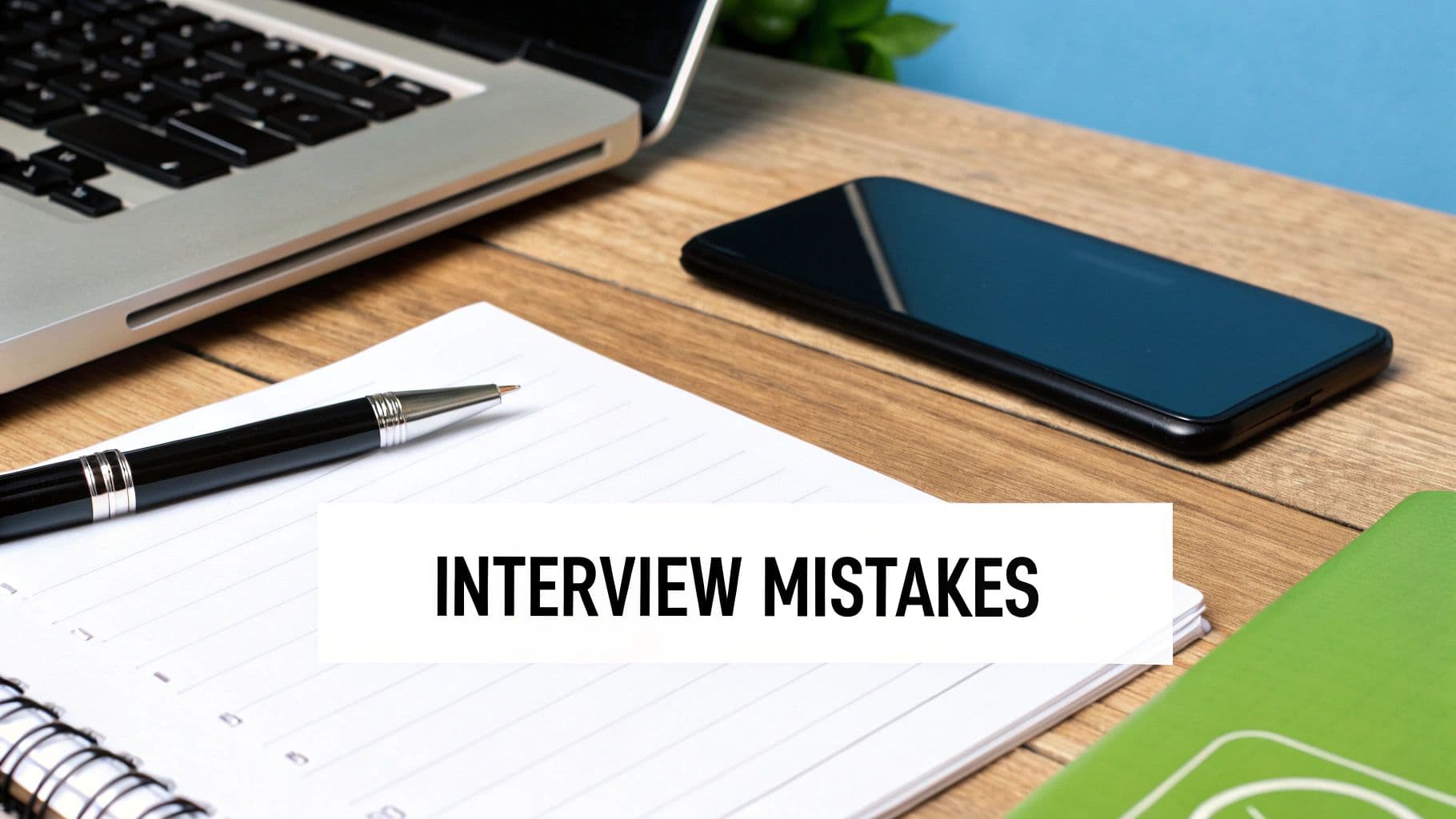 A wooden desk with a laptop, smartphone, pen, and notebook displaying 'INTERVIEW MISTAKES' text.