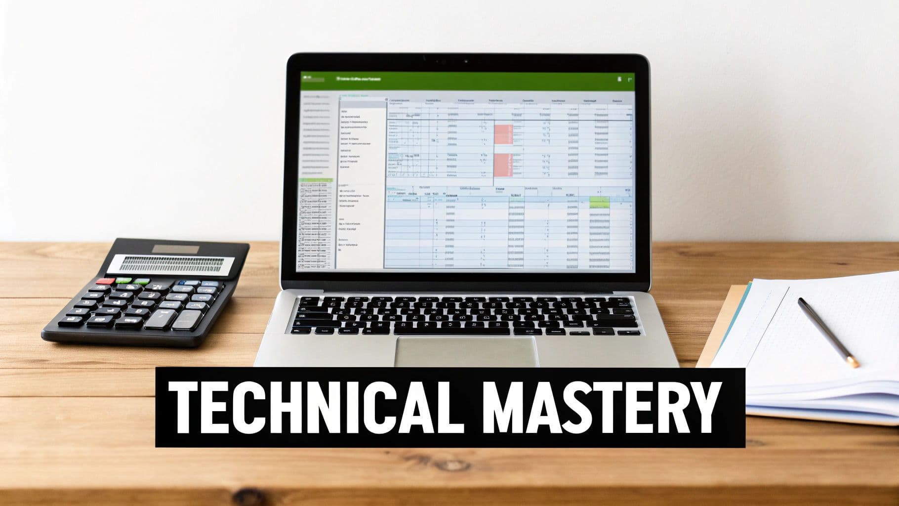 A desk with a laptop displaying financial data, a calculator, a notebook, and a pen, with "TECHNICAL MASTERY" text.