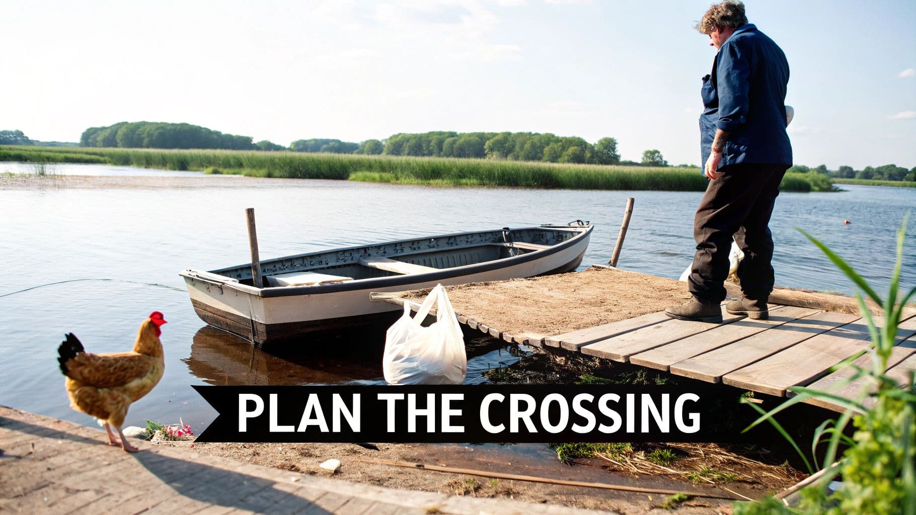 A man stands on a wooden dock by a boat, with a chicken nearby, possibly planning a river crossing.