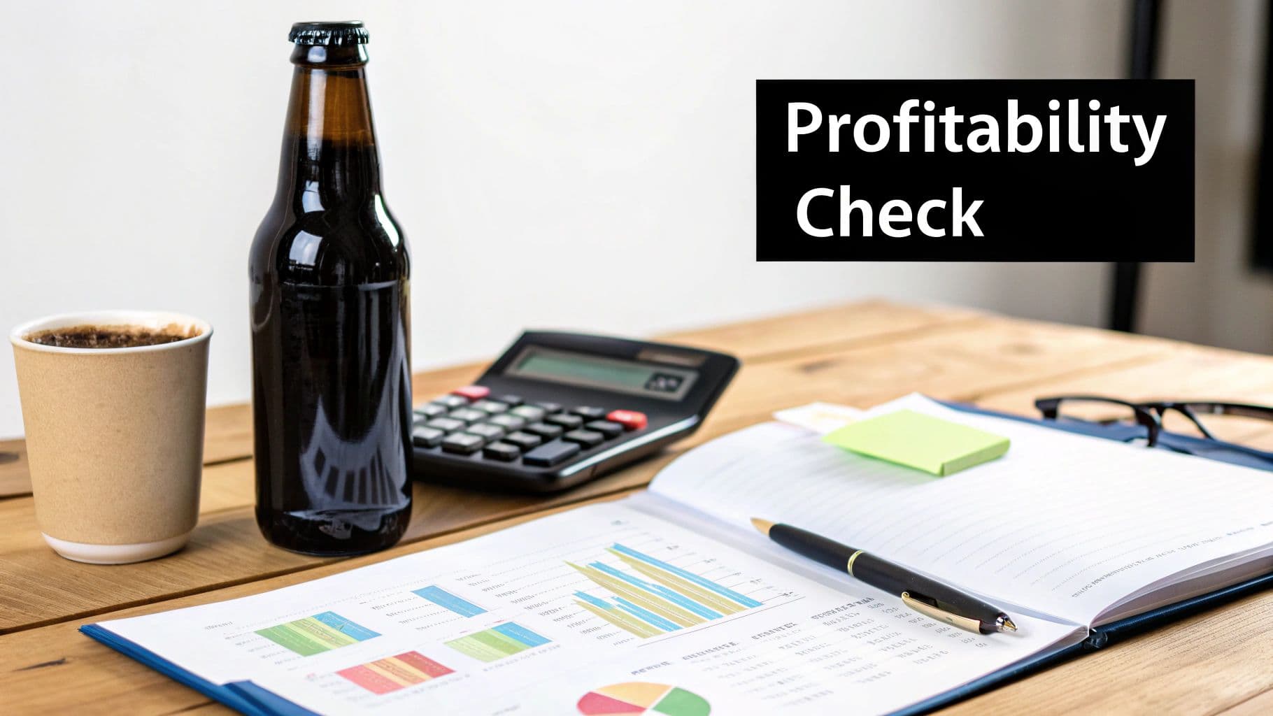 Desk with business documents, a calculator, coffee, a bottle, and a 'Profitability Check' sign.