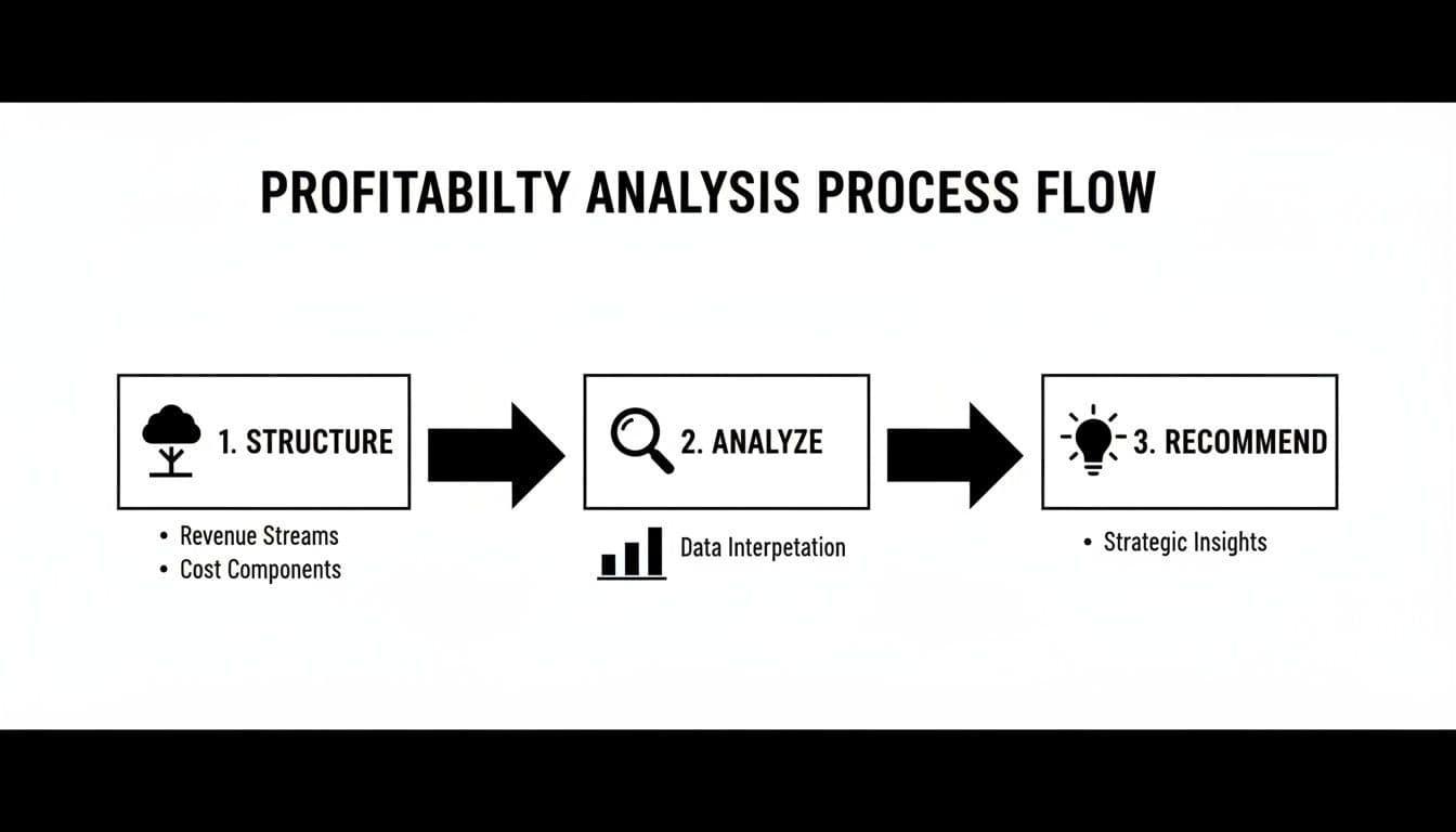 Profitability analysis process flow diagram outlining structure, analyze, and recommend steps with key components.