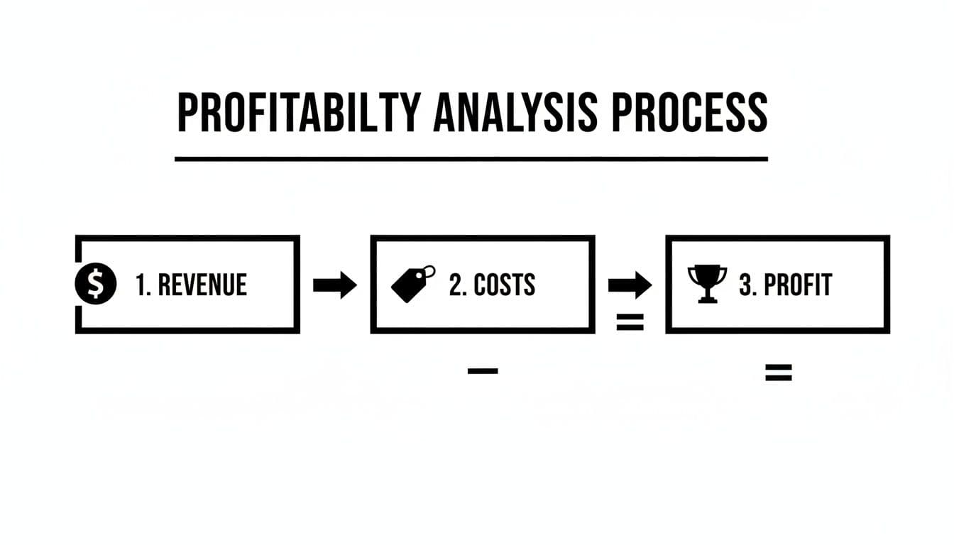 A flowchart showing the profitability analysis process from revenue and costs to profit.