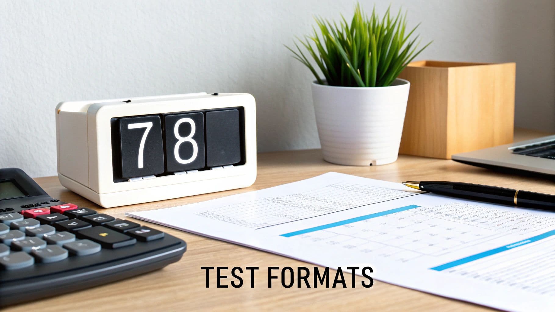 A desk setup featuring a calculator, a flip clock showing 78, a plant, and documents with a pen.