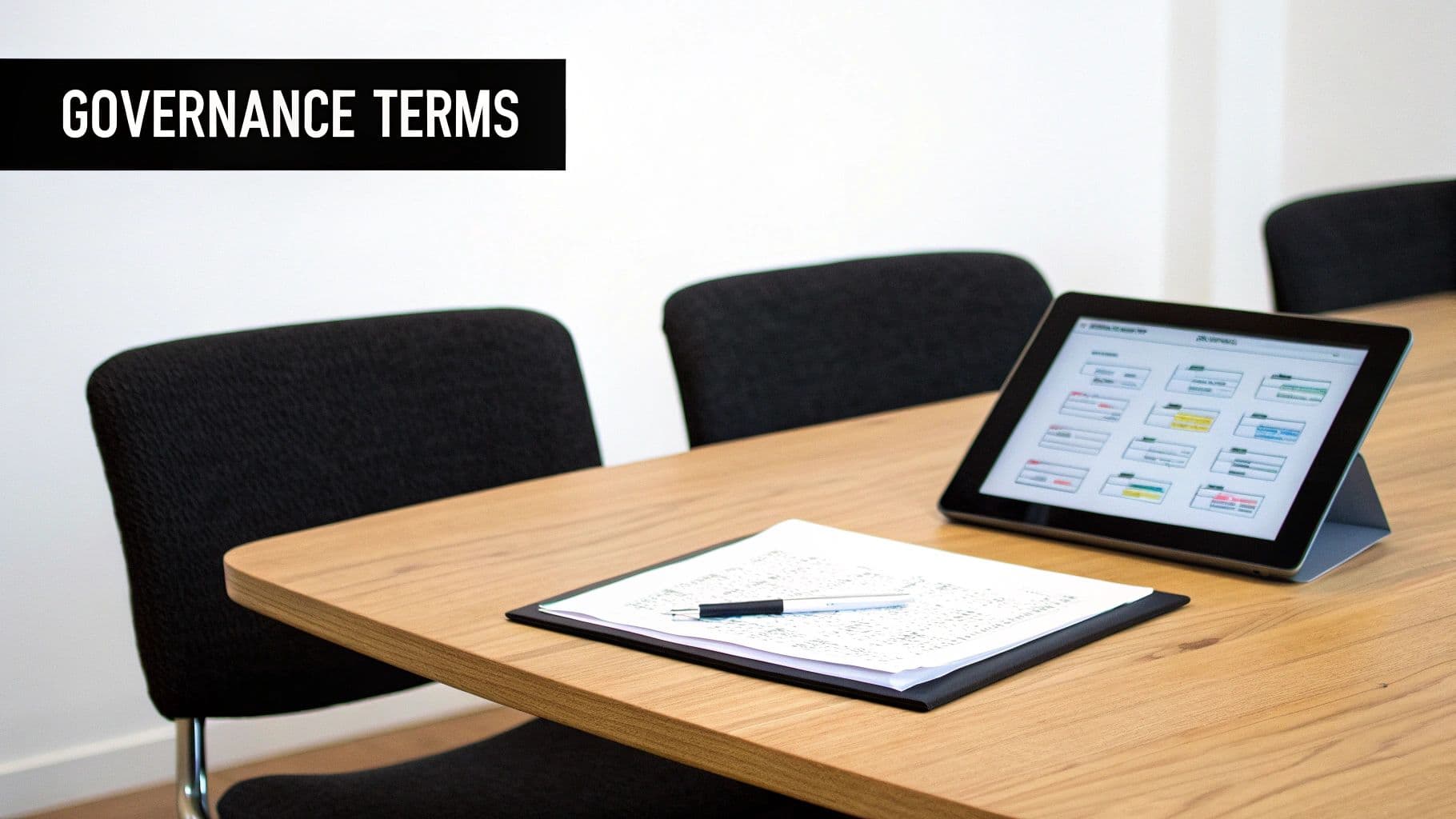 A conference room table with documents, a pen, a tablet, and chairs, featuring a 'GOVERNANCE TERMS' banner.