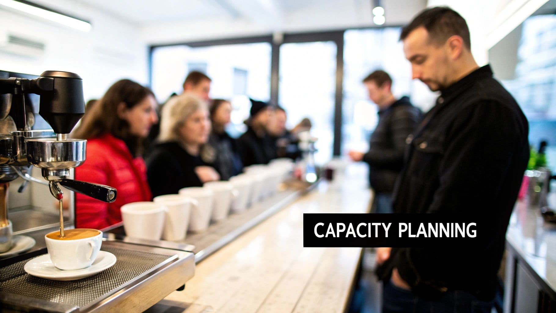 A coffee machine brews into a white cup, with people gathered in the background at a counter, symbolizing capacity planning.