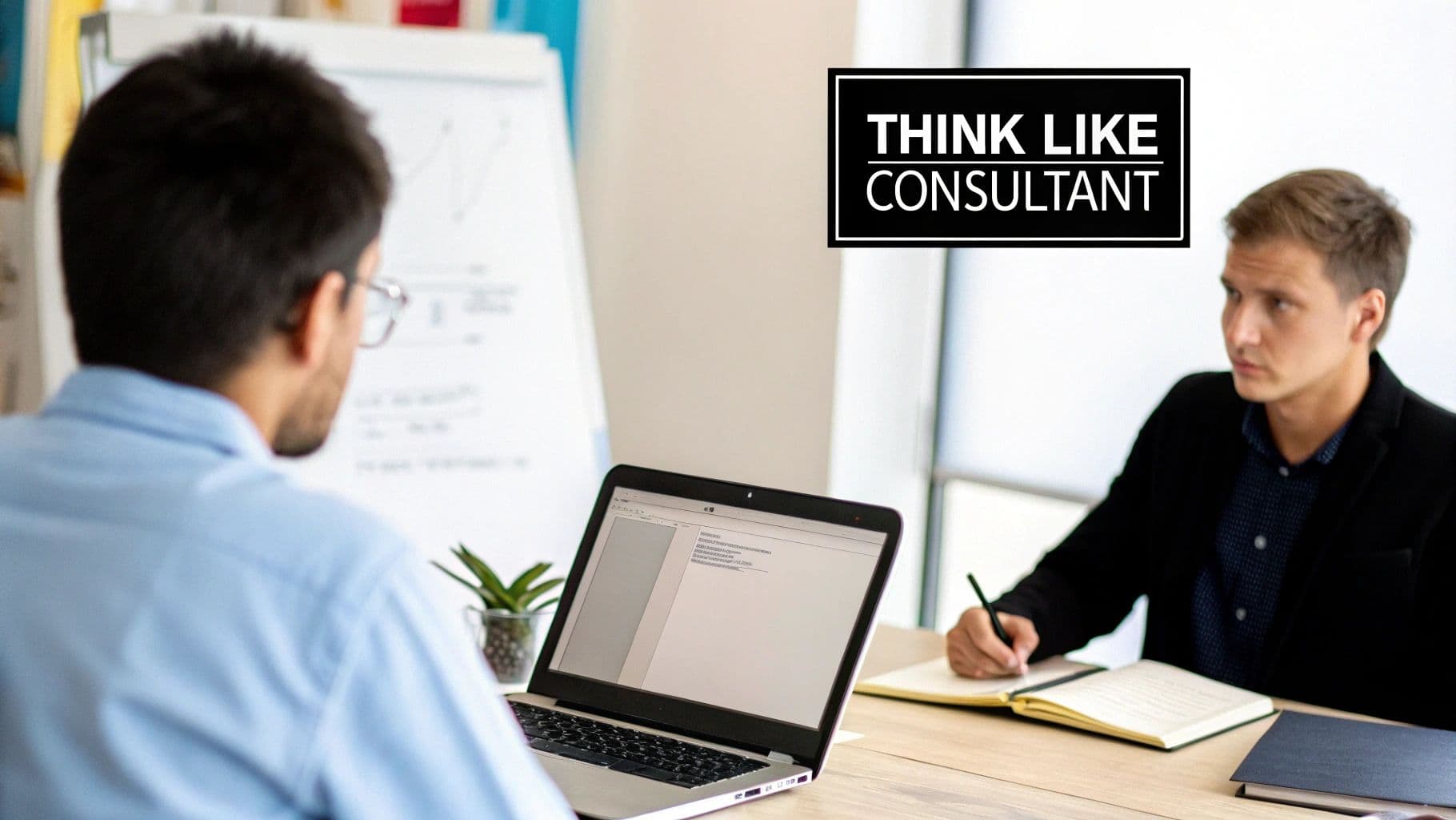 Two professionals in a modern office, one writing notes, the other viewing a laptop and whiteboard.