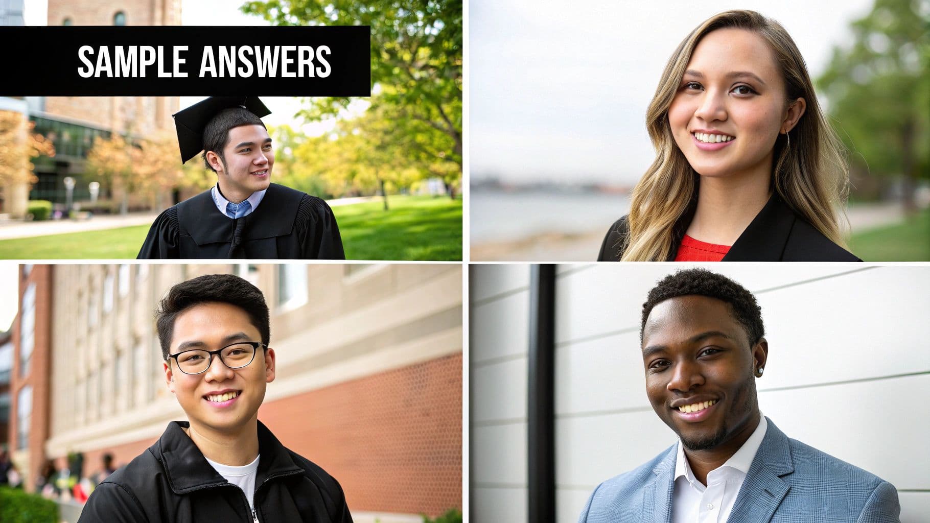 Four diverse young professionals and a graduate smiling confidently, ready for career opportunities.