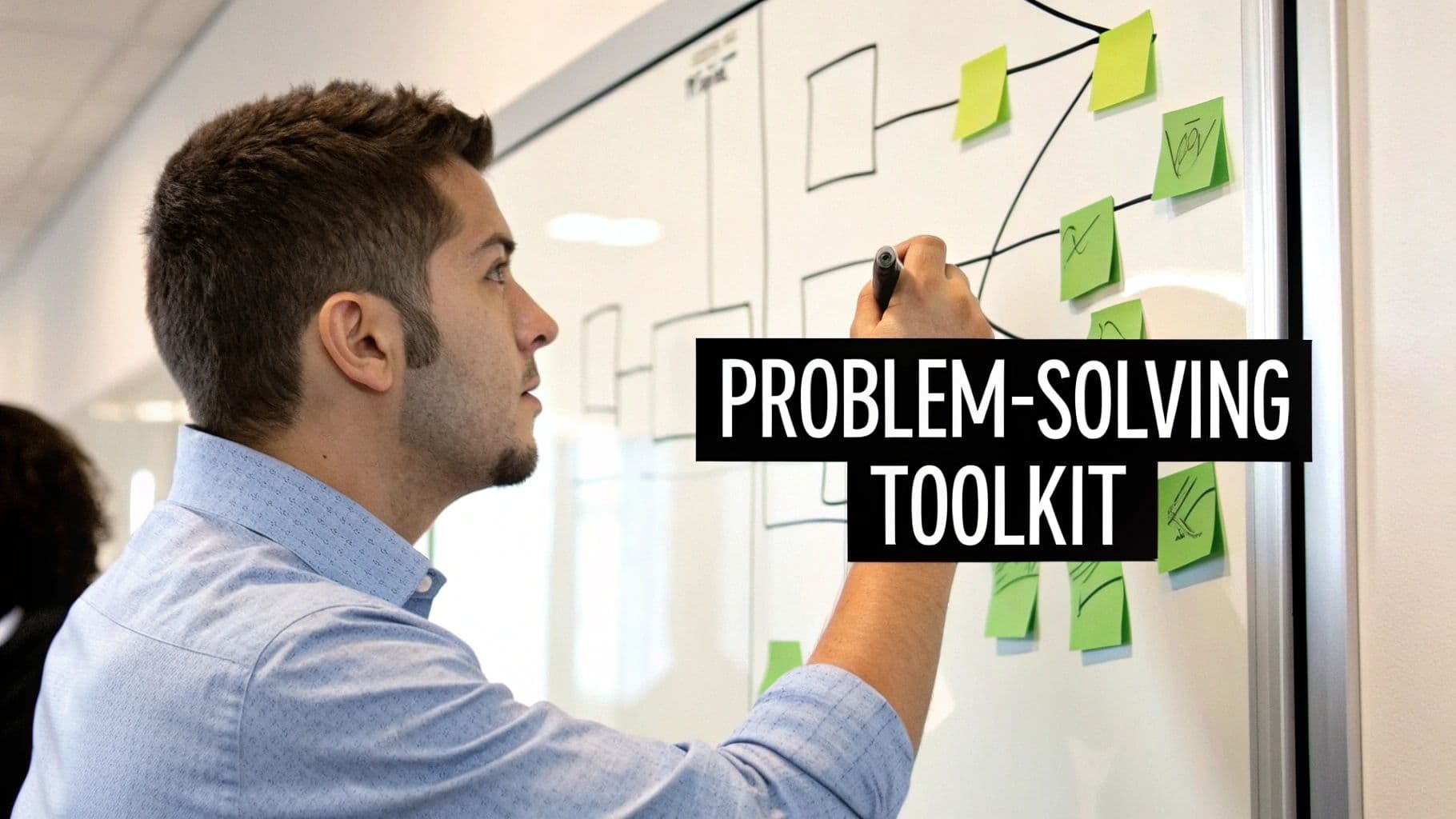 A man drawing on a whiteboard with a marker, surrounded by sticky notes and diagrams.