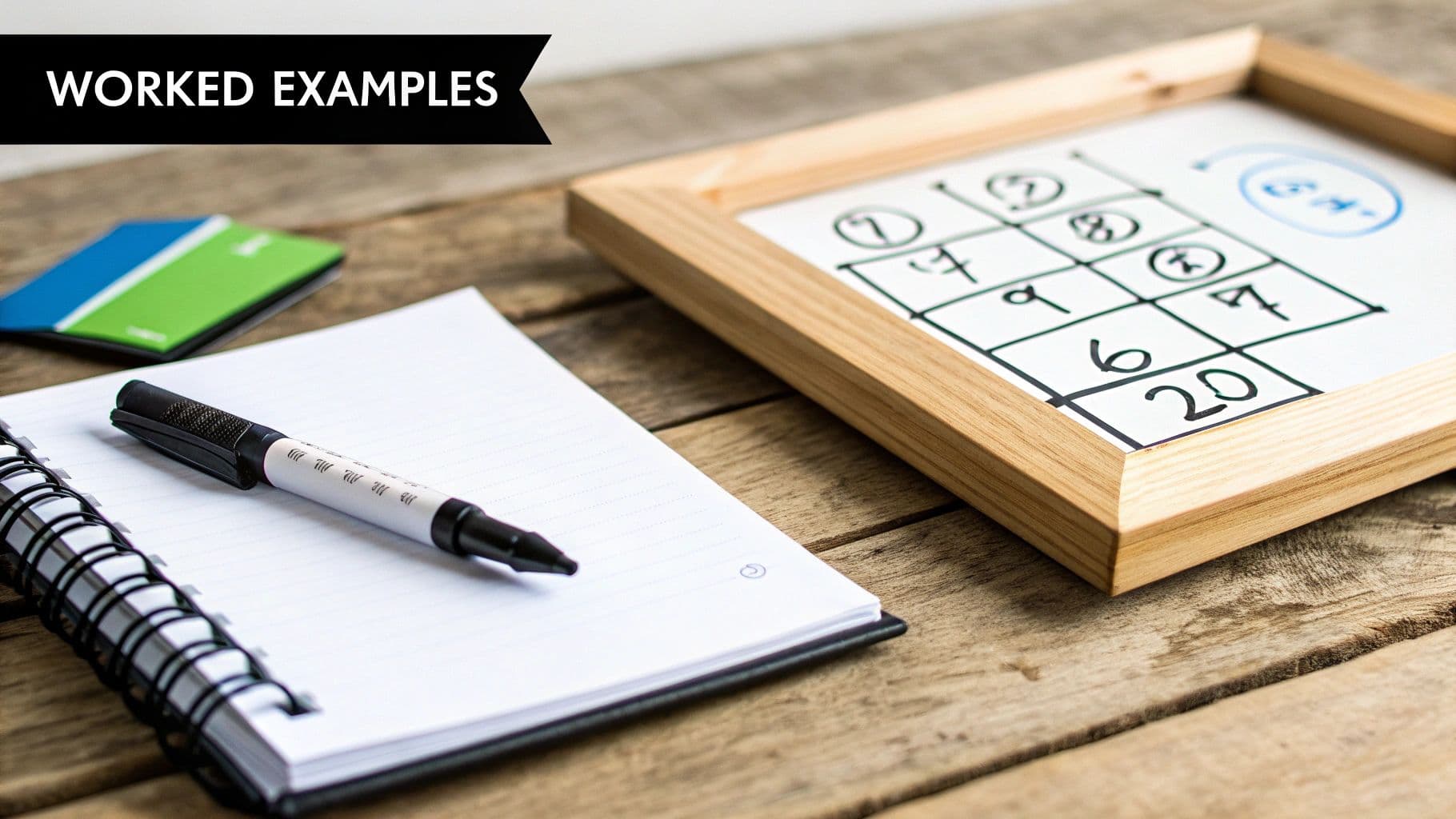 A desk with a notebook, pen, and a whiteboard displaying a math grid puzzle, titled 'WORKED EXAMPLES'.