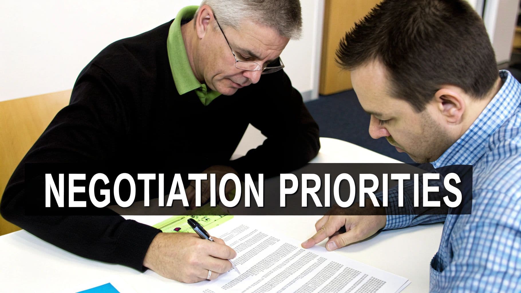 Two men at a table, one writing and one pointing at a document, with "NEGOTIATION PRIORITIES" overlay.