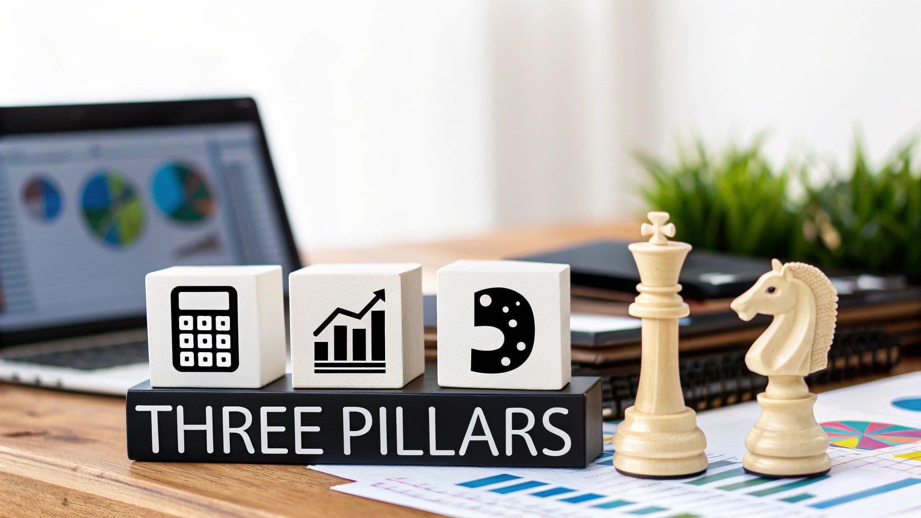 Three blocks with calculator, growth graph, and D on 'THREE PILLARS' stand, symbolizing business strategy.