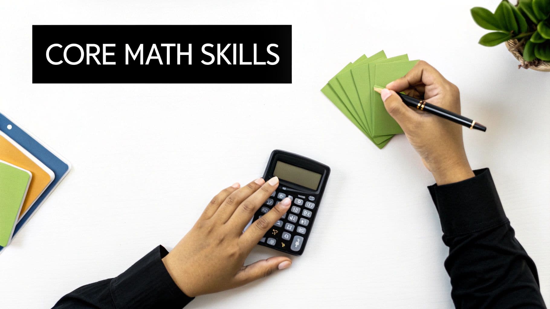 A person using a calculator and writing on a notepad, focusing on core math skills for numerical reasoning test practice.