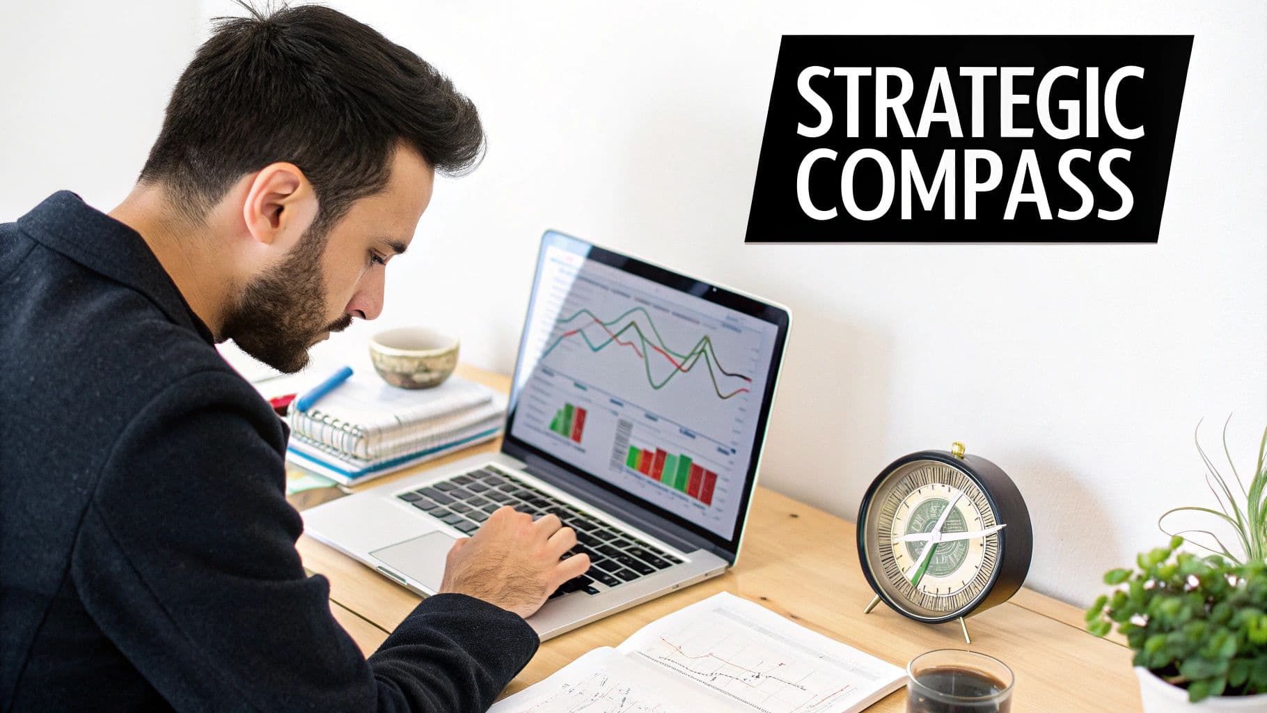 A man working on a laptop displaying financial charts and graphs on a desk.