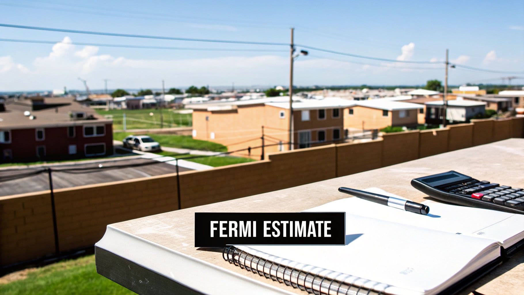 A calculator, pen, and notebook on a table with 'FERMI ESTIMATE' text overlayed, overlooking houses.