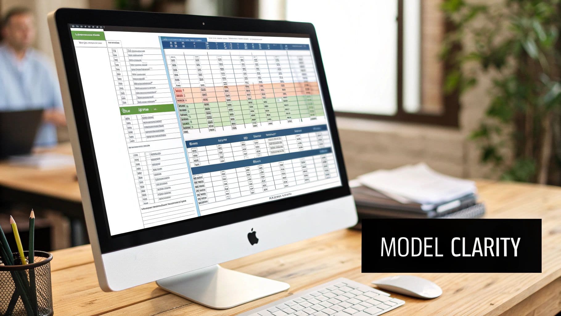 A desktop computer displays a detailed financial spreadsheet in an office setting, emphasizing model clarity.