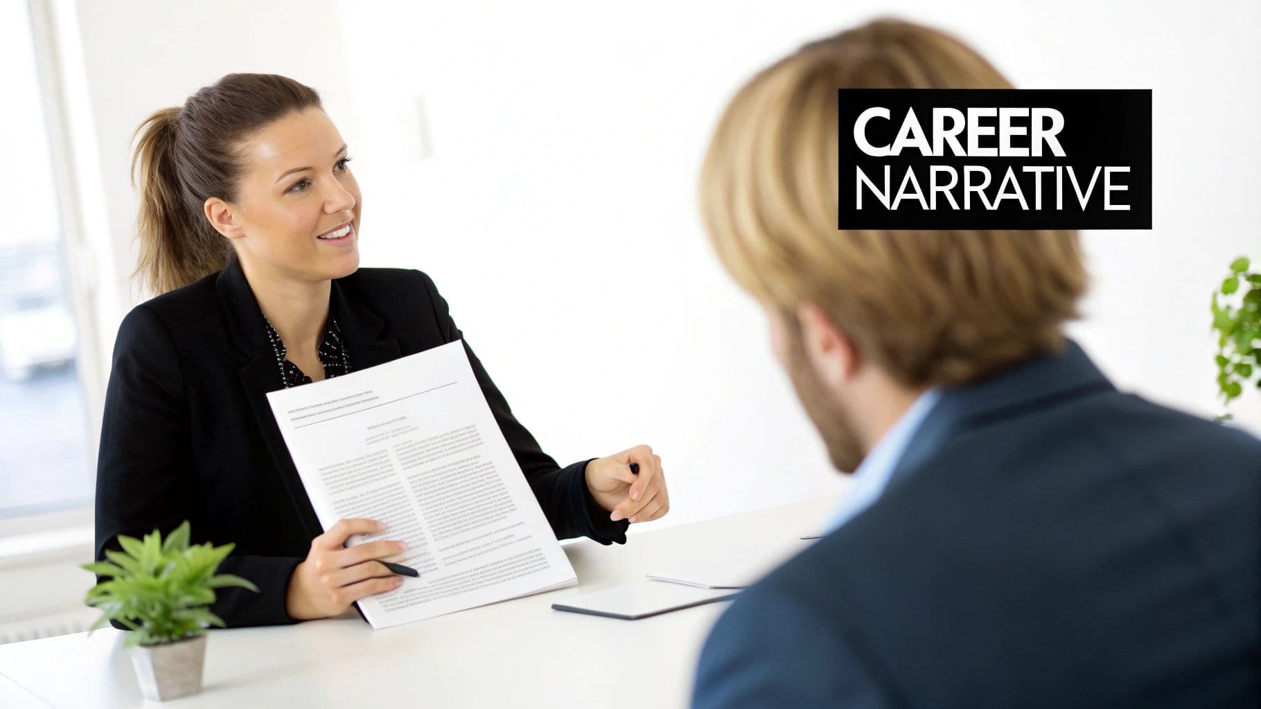 Professional woman interviewer holding resume document discussing career narrative during management consultant interview