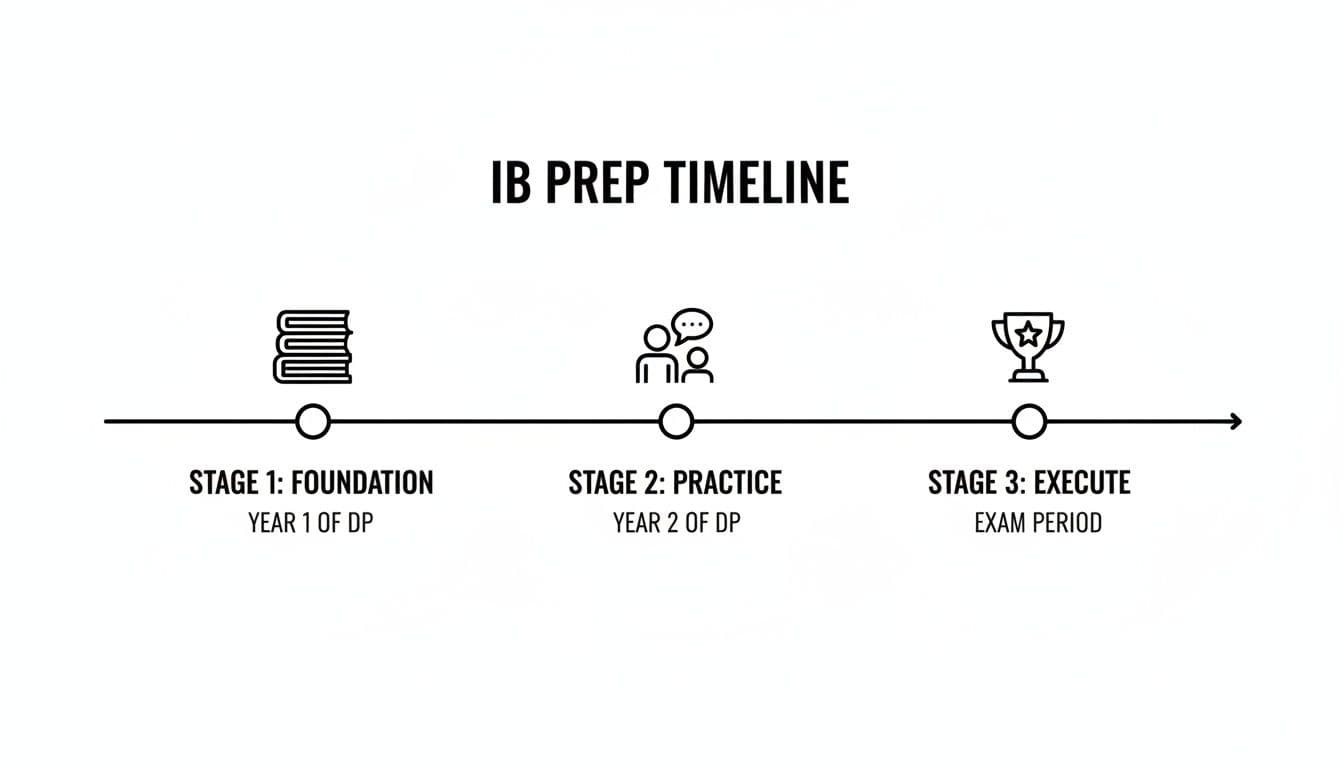 An IB prep timeline showing three stages: Foundation, Practice, and Execute.