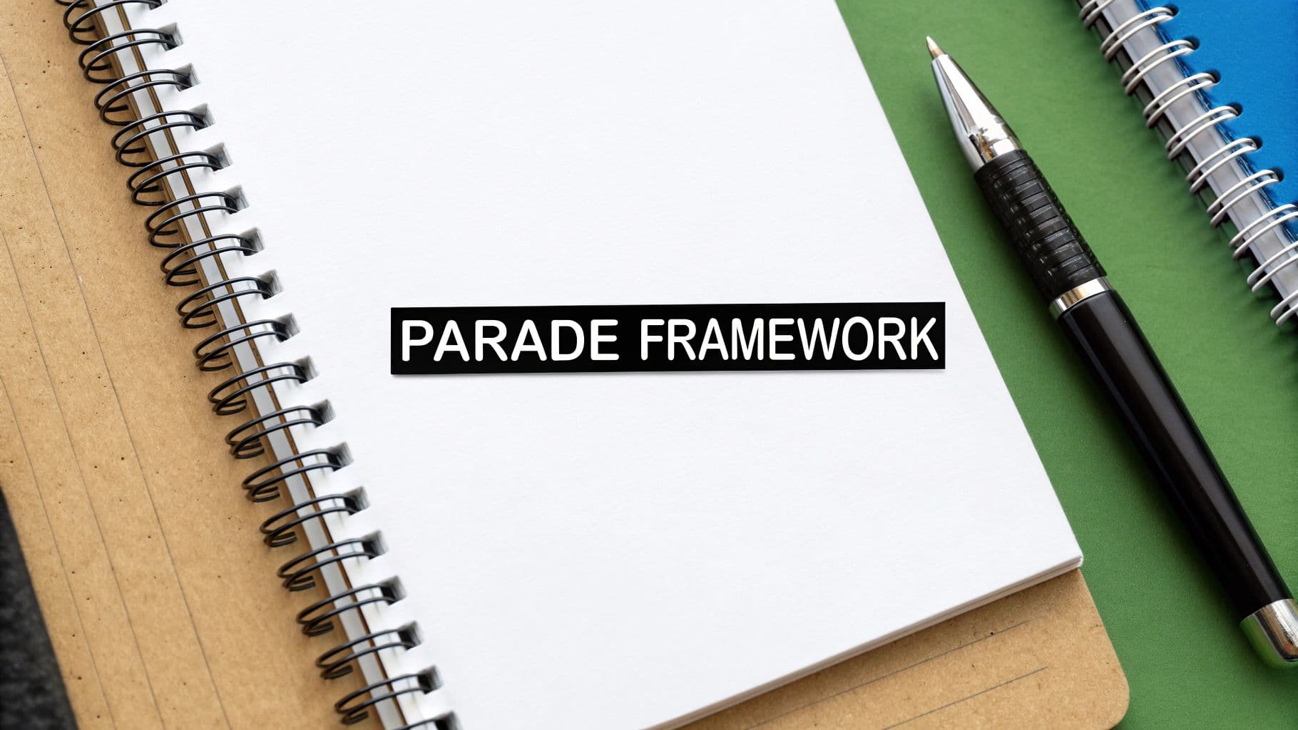 A spiral-bound notebook open to a blank page with 'PARADE FRAMEWORK' text, a pen, and another notebook.