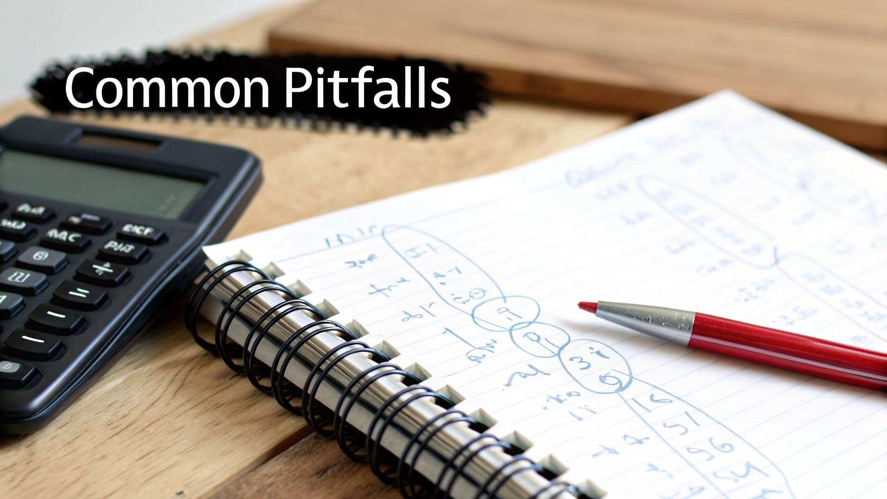 Calculator, notebook with handwritten calculations, and a red pen on a wooden desk, with 'Common Pitfalls' text overlay.