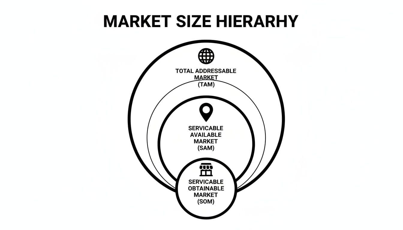 Black and white diagram showing market size hierarchy with Total Addressable, Servicable Available, and Servicable Obtainable Market levels.