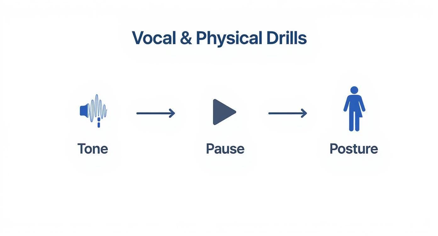 Diagram showing vocal and physical drills progression from tone through pause to posture with icons