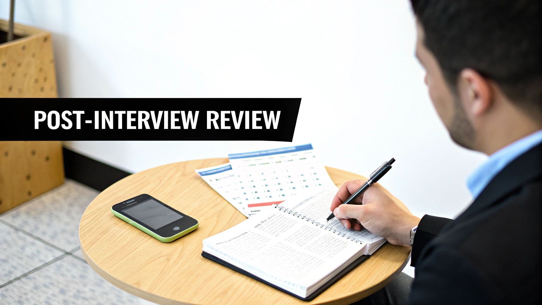 A person takes notes in a notebook during a post-interview review, with a phone and calendar nearby.