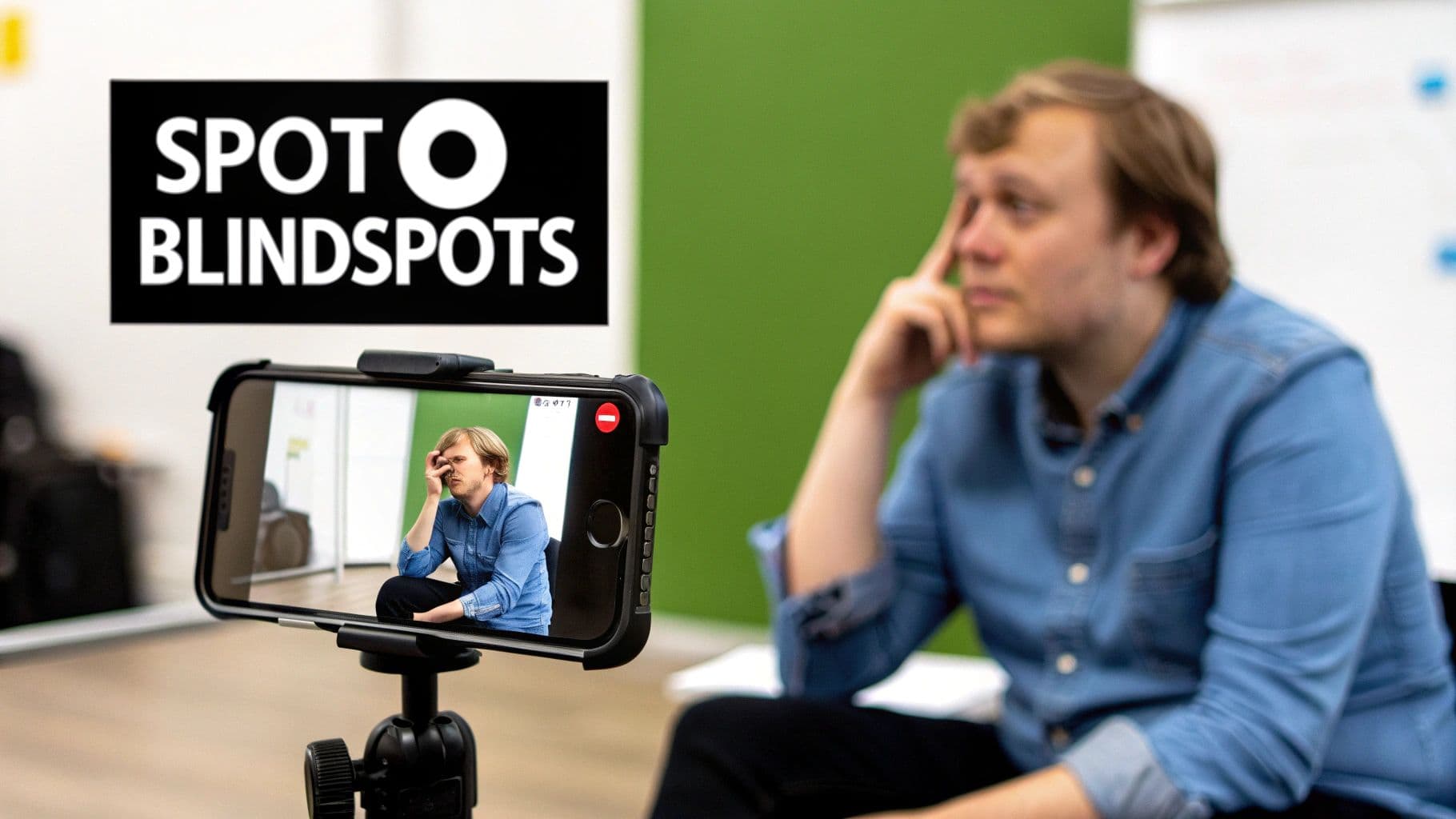 Person recording video content on smartphone in professional studio with green screen backdrop