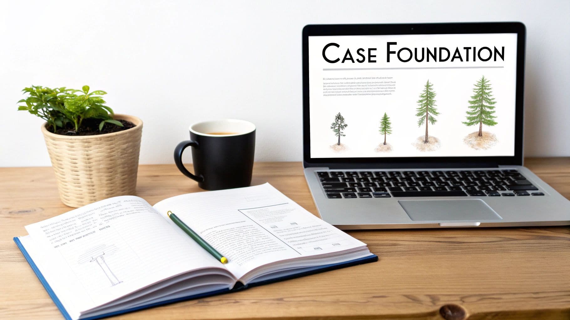 A wooden desk with a laptop displaying 'CASE FOUNDATION' and trees, an open notebook, a coffee mug, and a plant.