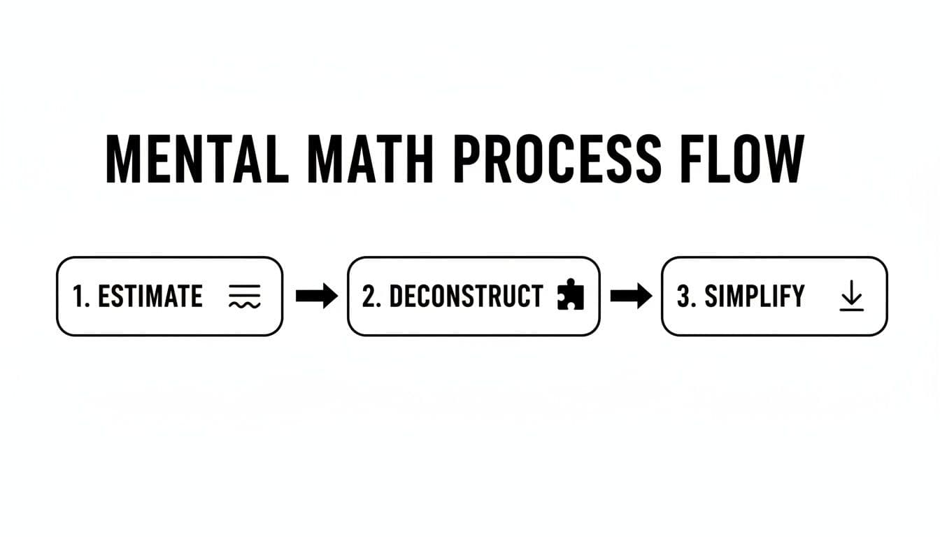 Flowchart illustrating the mental math process with three steps: Estimate, Deconstruct, and Simplify.