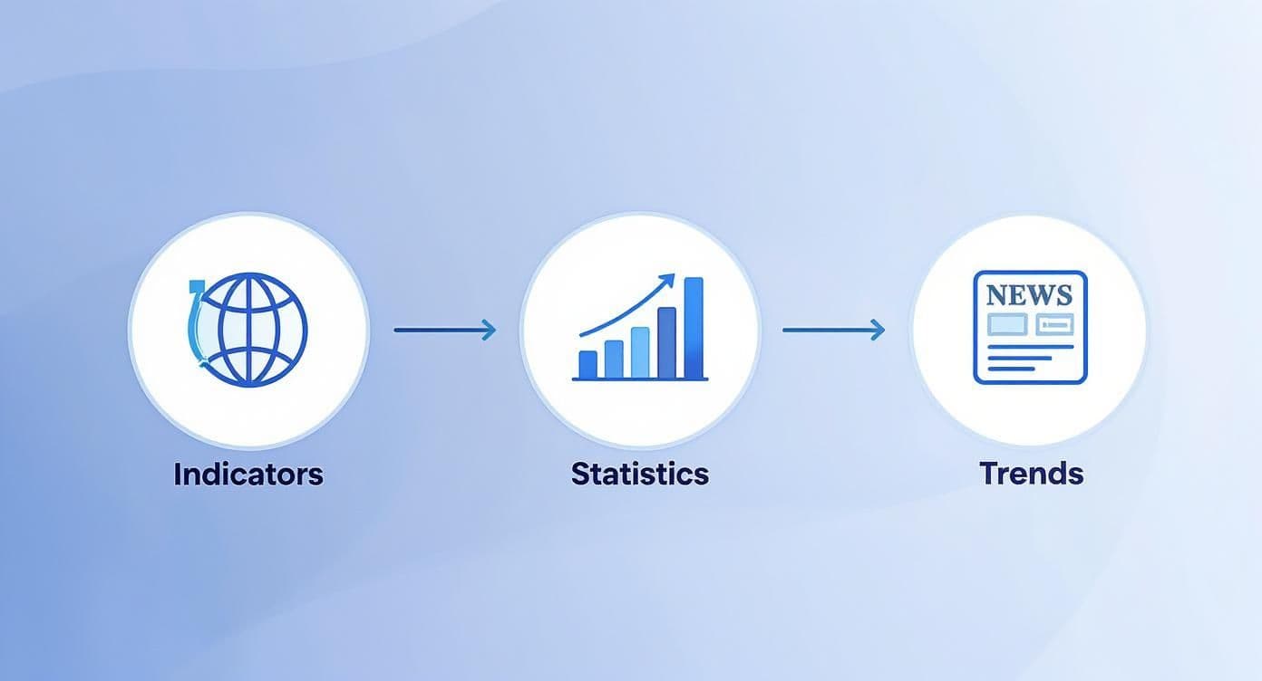 A diagram illustrates the process from global indicators to statistics, leading to the identification of trends.