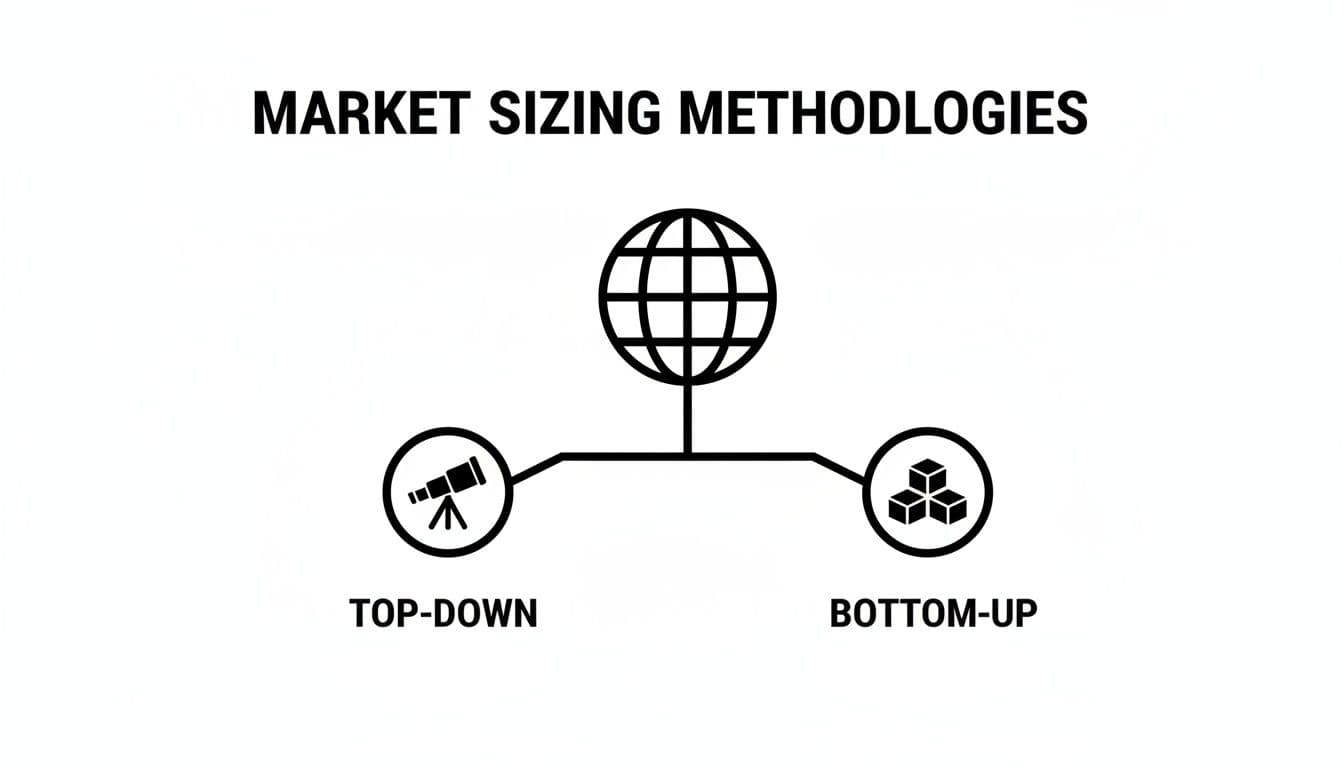 Diagram illustrating top-down and bottom-up market sizing methodologies with icons and labels.