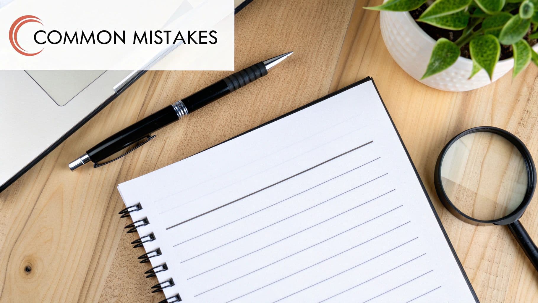 Desk flat lay with laptop, pen, open notebook, magnifying glass, and potted plant. Text: COMMON MISTAKES.